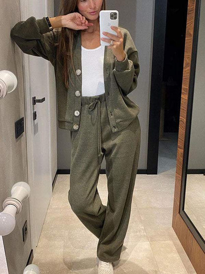 Conjunto Femenino de Chaqueta de Punto con Botones y Pantalones de Dos Piezas