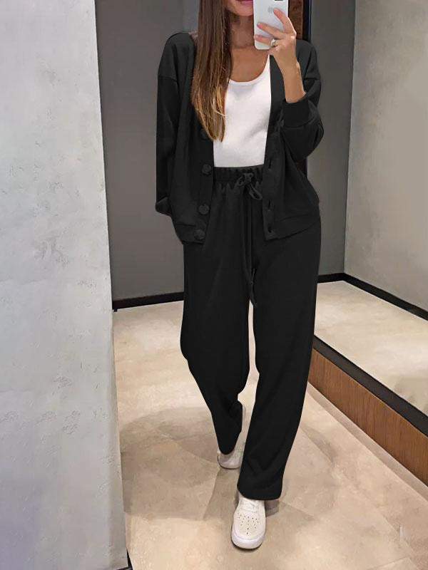 Conjunto Femenino de Chaqueta de Punto con Botones y Pantalones de Dos Piezas