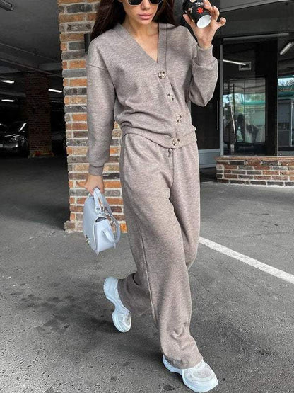 Conjunto Femenino de Chaqueta de Punto con Botones y Pantalones de Dos Piezas