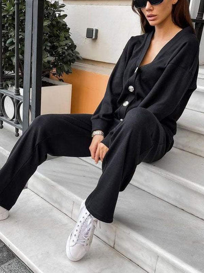Conjunto Femenino de Chaqueta de Punto con Botones y Pantalones de Dos Piezas