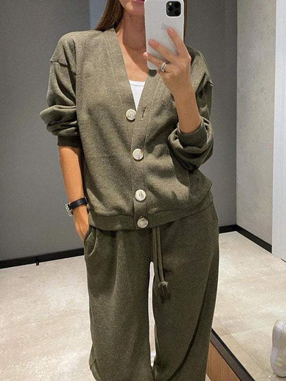 Conjunto Femenino de Chaqueta de Punto con Botones y Pantalones de Dos Piezas