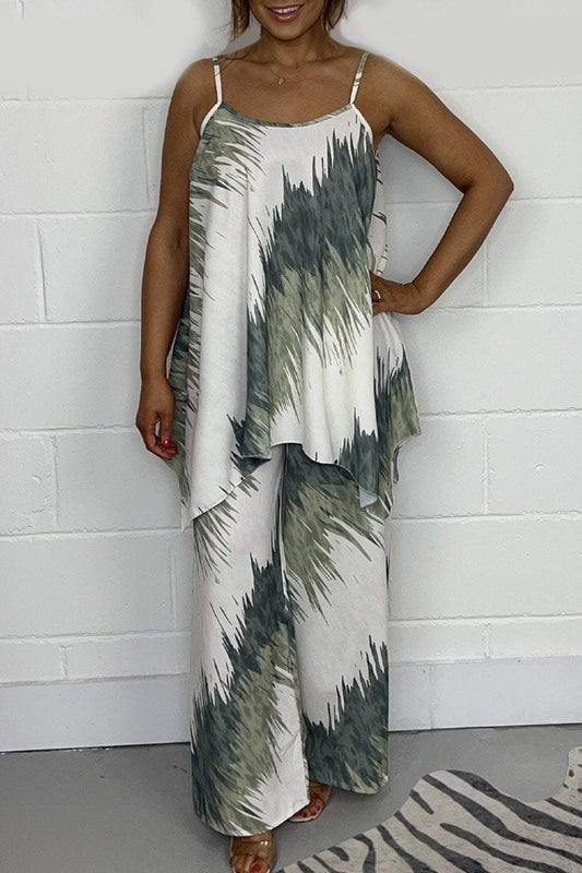 Conjunto Femenino de Top Estampado y Pantalón de Pierna Ancha