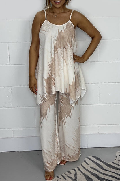 Conjunto Femenino de Top Estampado y Pantalón de Pierna Ancha