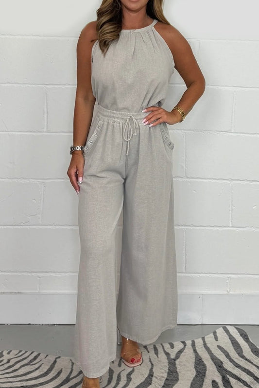 Conjunto Femenino de Top Flotante con Lazo en la Espalda y Pantalón con Cuello Halter