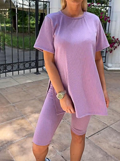 Conjunto Femenino de Top de Malha Elástica de Color Sólido y Shorts de Dos Piezas