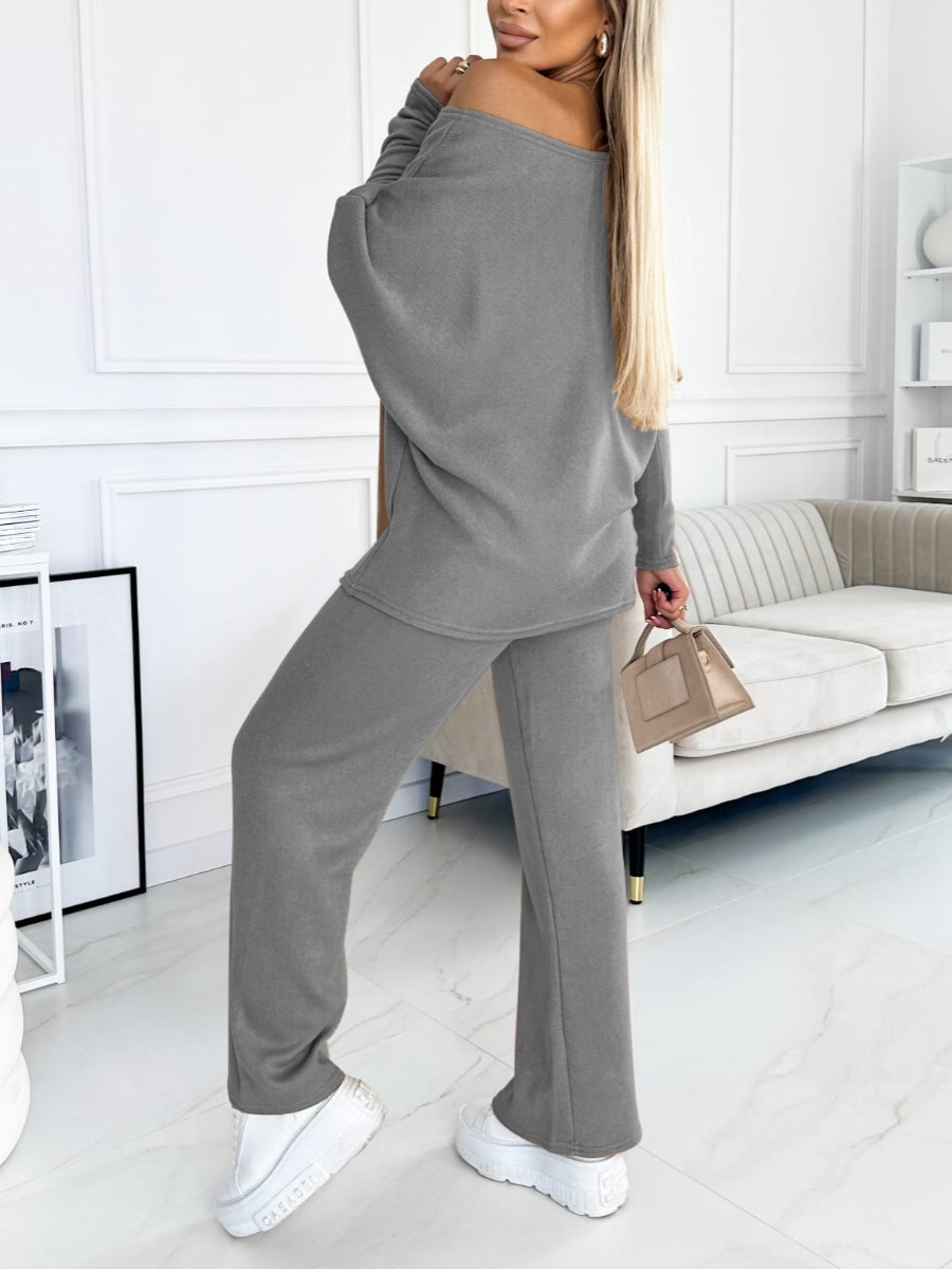 Conjunto Femenino de Tops con Mangas de Murciélago y Pantalón de Pierna Ancha de Color Sólido