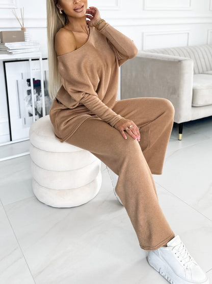 Conjunto Femenino de Tops con Mangas de Murciélago y Pantalón de Pierna Ancha de Color Sólido