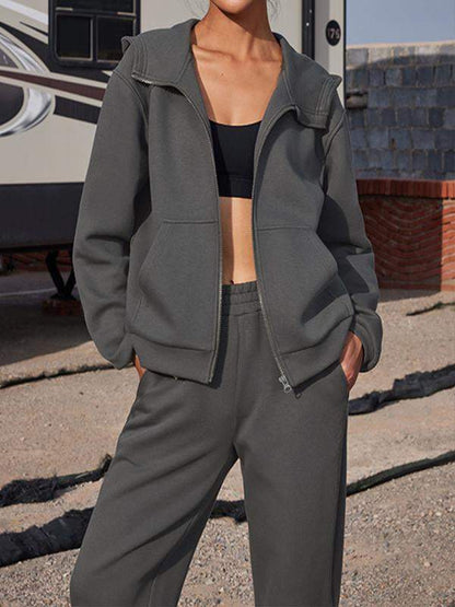 Conjunto Femenino Deportivo de Dos Piezas con Capucha y Manga Larga y Pantalón hasta el Tobillo de Color Sólido