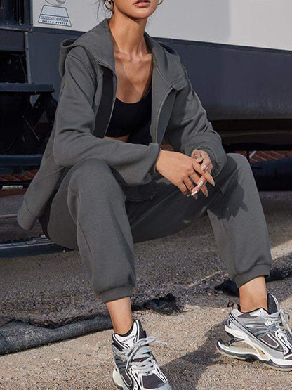 Conjunto Femenino Deportivo de Dos Piezas con Capucha y Manga Larga y Pantalón hasta el Tobillo de Color Sólido