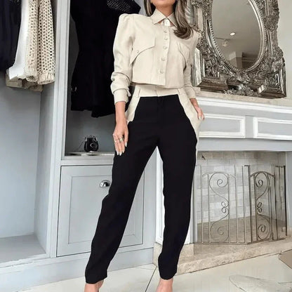 Conjunto Femenino Social Camisa Cropped Pantalón Sarja