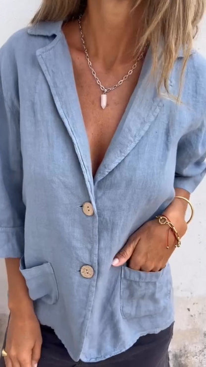 Blusa de Algodão e Linho com Bolso e Gola de Camisa com Botões