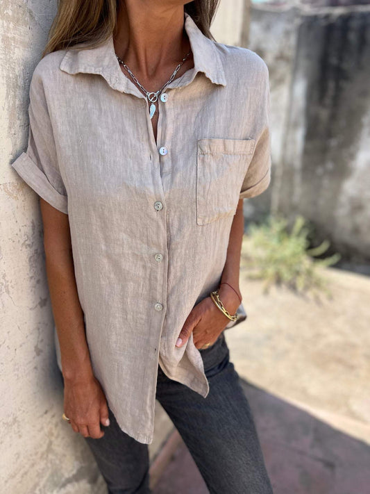 Camisa casual de algodón y lino con solapa