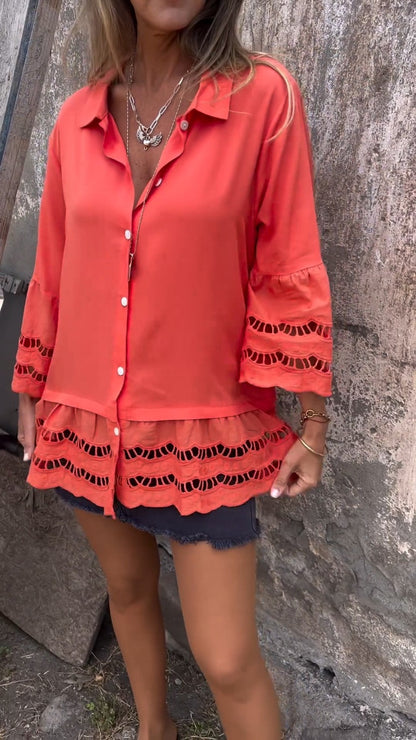 Camisa com Mangas 3/4 e Patchwork Vazado