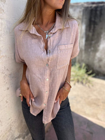 Camisa casual de algodón y lino con solapa