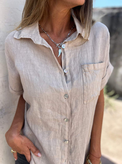 Camisa casual de algodón y lino con solapa