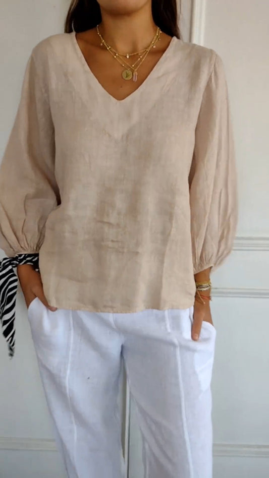 Camisa de Algodão e Linho com Mangas Bufantes