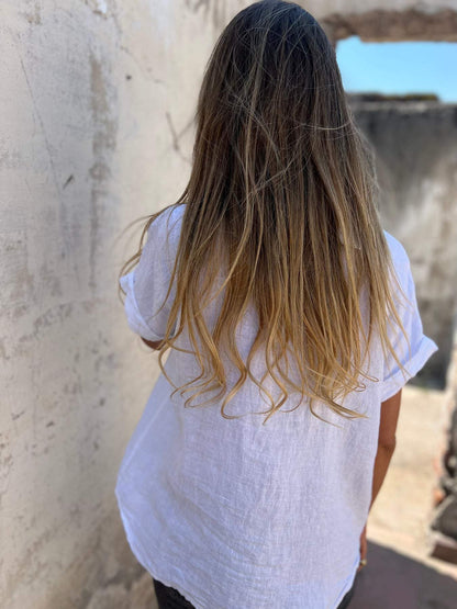 Camisa casual de algodón y lino con solapa