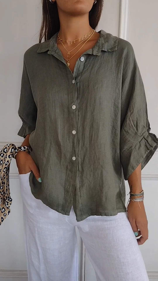 Camisa casual con amarre en la espalda y solapa, de algodón y lino