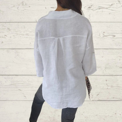 Camisa de algodão e linho com lapela e mangas longas