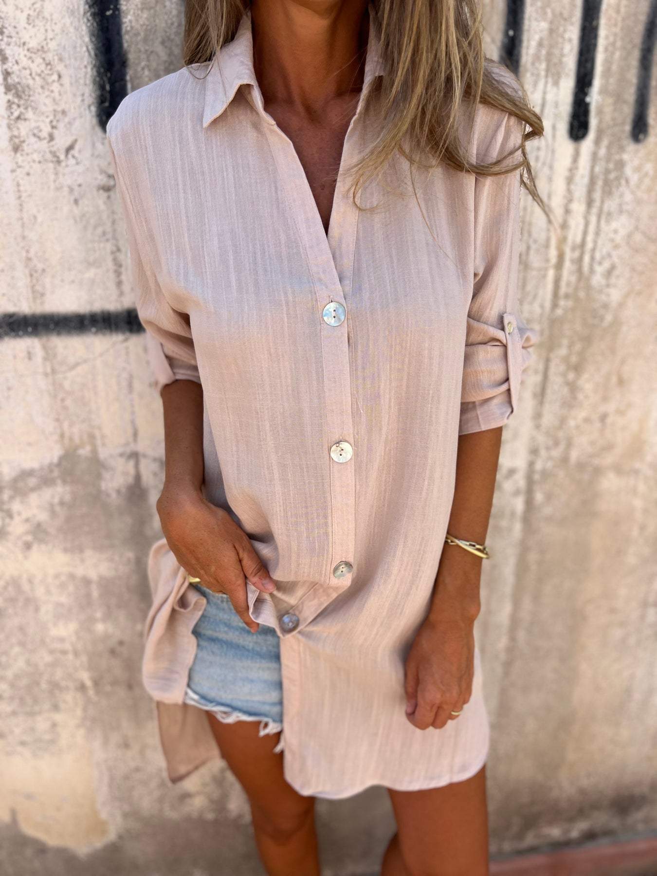 Camisa de Cor Sólida com Mangas 3/4 de Algodão e Linho