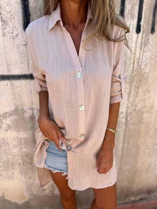 Camisa de Cor Sólida com Mangas 3/4 de Algodão e Linho