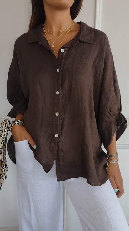 Camisa casual con amarre en la espalda y solapa, de algodón y lino