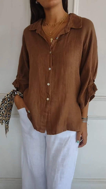 Camisa casual con amarre en la espalda y solapa, de algodón y lino