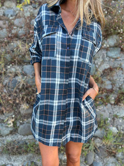 Camisa com Lapela e Mangas 3/4 Xadrez