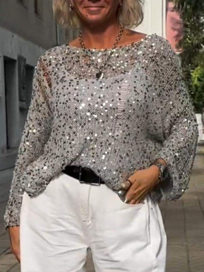 Blusa Feminina com Gola Redonda Paetês e Manga Longa