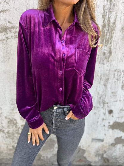Camisa Casual de Veludo com Gola Lapela e Mangas Longas