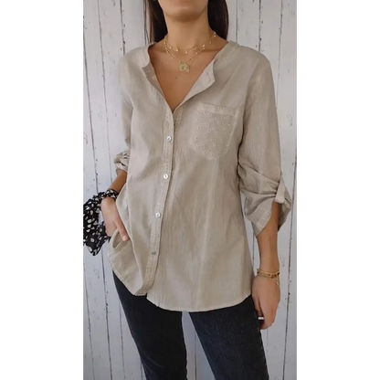 Top Casual de Algodão e Linho com Gola Redonda e Mangas 3/4