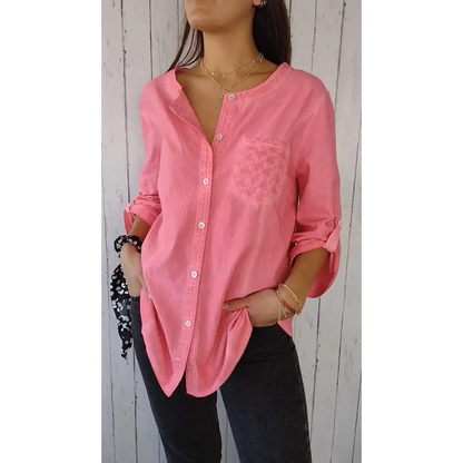 Top Casual de Algodão e Linho com Gola Redonda e Mangas 3/4