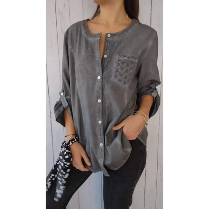 Top Casual de Algodão e Linho com Gola Redonda e Mangas 3/4