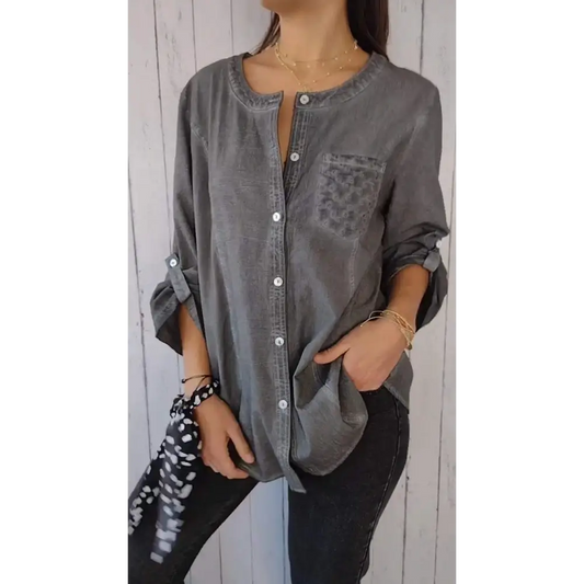 Top Casual de Algodão e Linho com Gola Redonda e Mangas 3/4