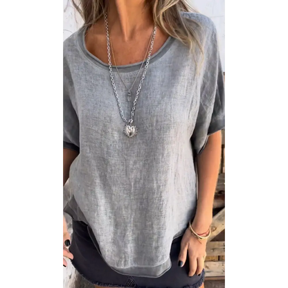 Top de Algodão e Linho com Patchwork Contrastante e Gola Redonda