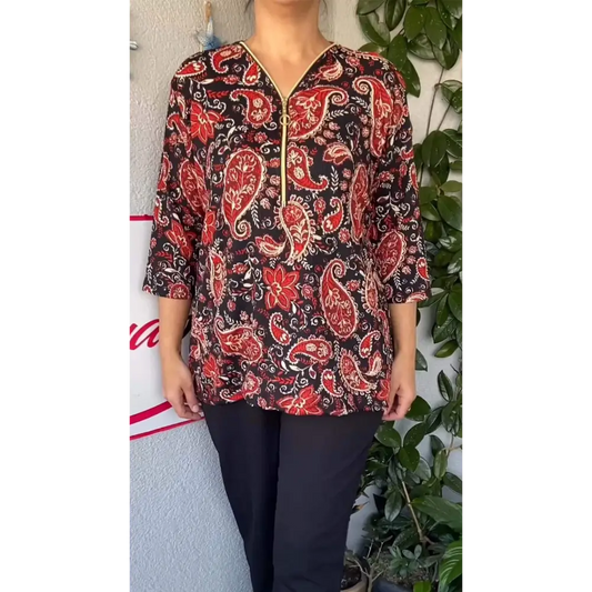 Top feminino com estampa paisley zíper e mangas longas