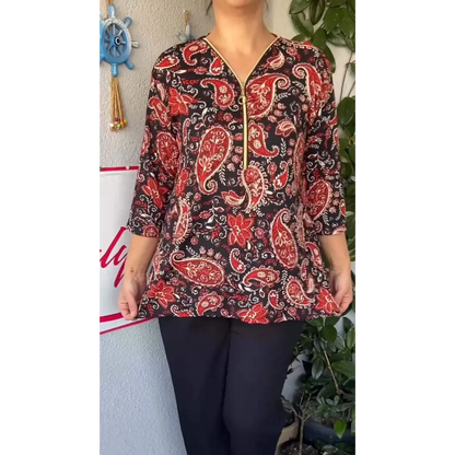 Top feminino com estampa paisley zíper e mangas longas