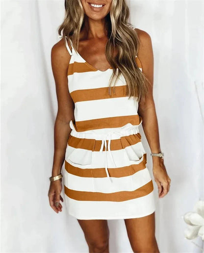 Vestido Femenino Rayado Sin Mangas con Tirantes y Bolsillo