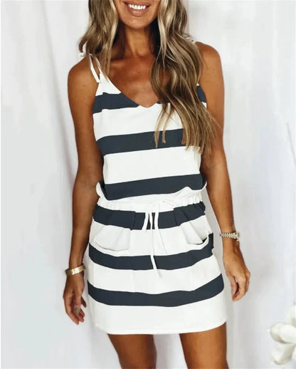 Vestido Femenino Rayado Sin Mangas con Tirantes y Bolsillo